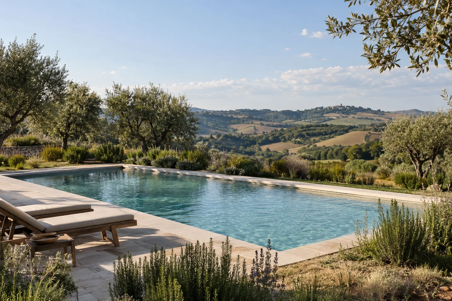 Concept impression of a rectangular swimming pool with pale stone edging set among olive trees