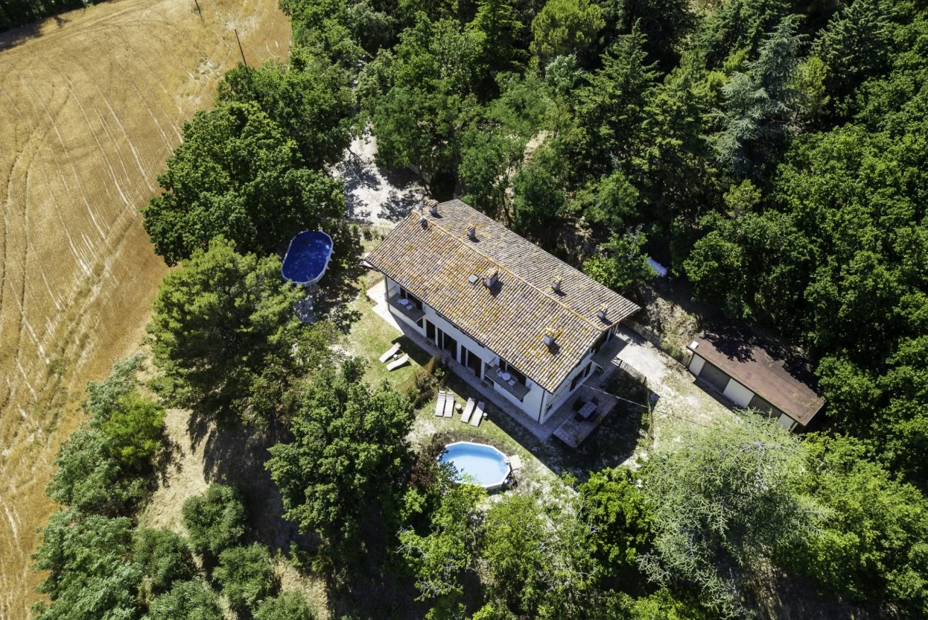 Aerial view of Villa Valle in the hills of Colli al Metauro
